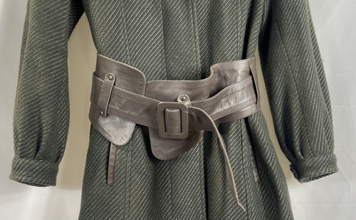 Mackage Women's Green Wool Cashmere Funnel Neck Trench Coat Leather Belt Sz M - Picture 7 of 8