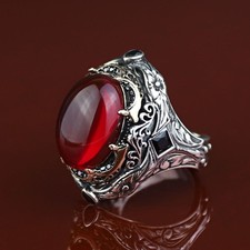 925 Men Silver Red Ruby Stone Ring Large Engraved Red Gemstone Men Ring