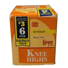 6 Vtg Leggs Nylon Stockings Knee Highs Suntan Sheer Toe 6 Pair Made In USA