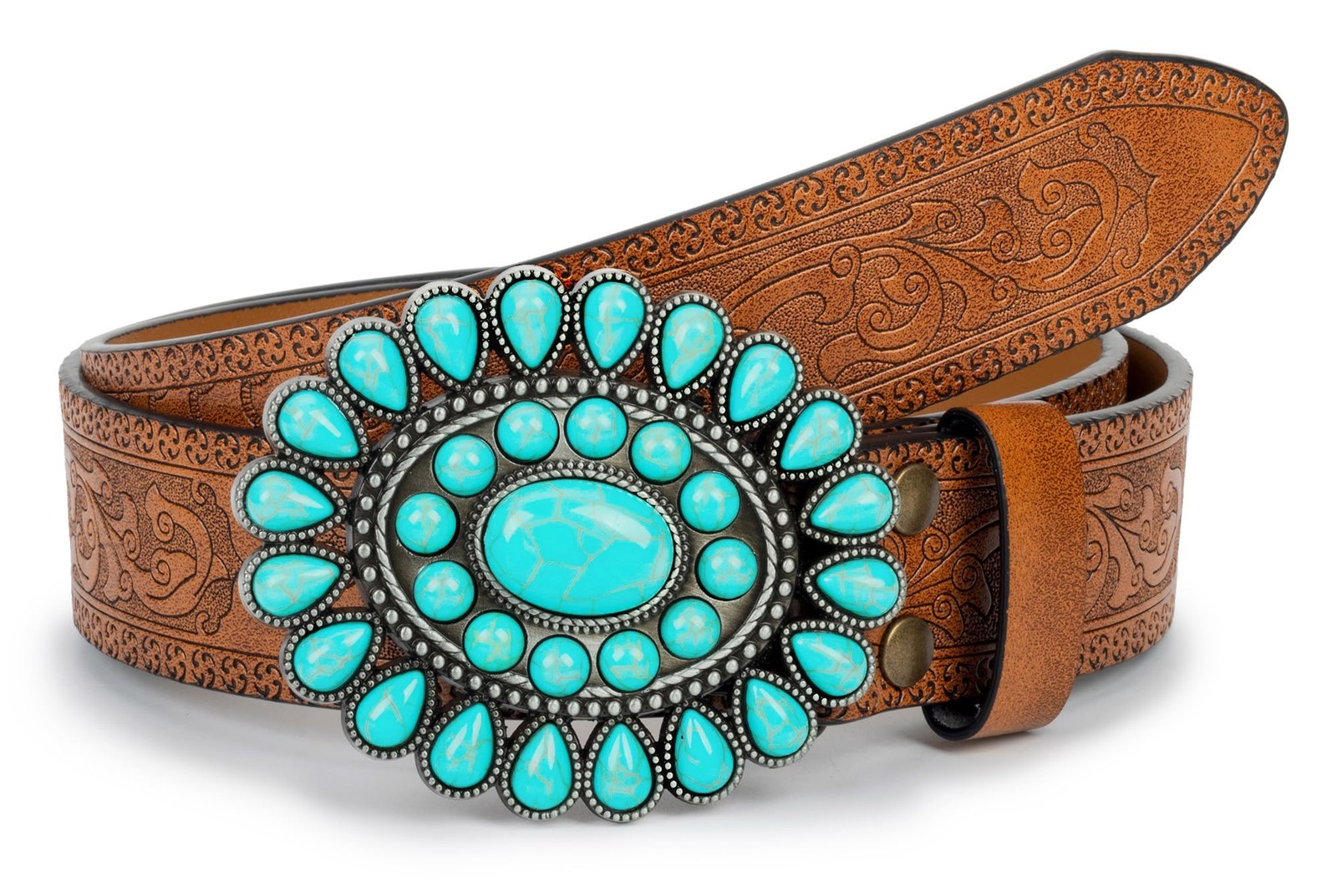Western Cowgirl Belt for Women,Vintage Engraved Tooled Leather Belt Turquoise...