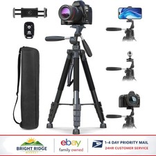 Camera Tripod 74" Height with Adjustable Phone Holder and Travel Bag Included