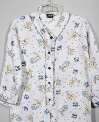 Vintage 90s Looney Tunes White Flannel Tweety Bird Print Footed Footie Pajamas M - Picture 2 of 5
