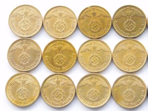 GERMAN Coin 20x 10 REICHSPFENNIG 1937 - 1939 Brass SWASTIKA 3RD WW2 Collection - Picture 3 of 7