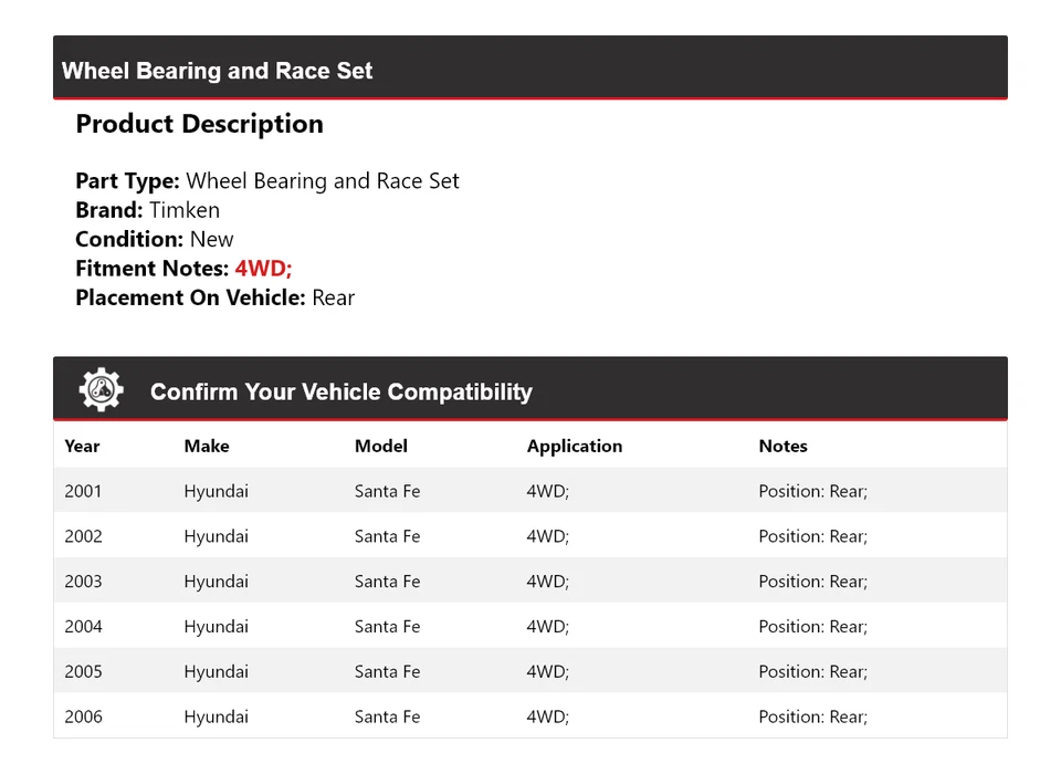 Juego de cojinetes de rueda y carreras trasero Timken 2002 para Hyundai Santa Fe 2001-2006 4x4 Foto 2 de 4