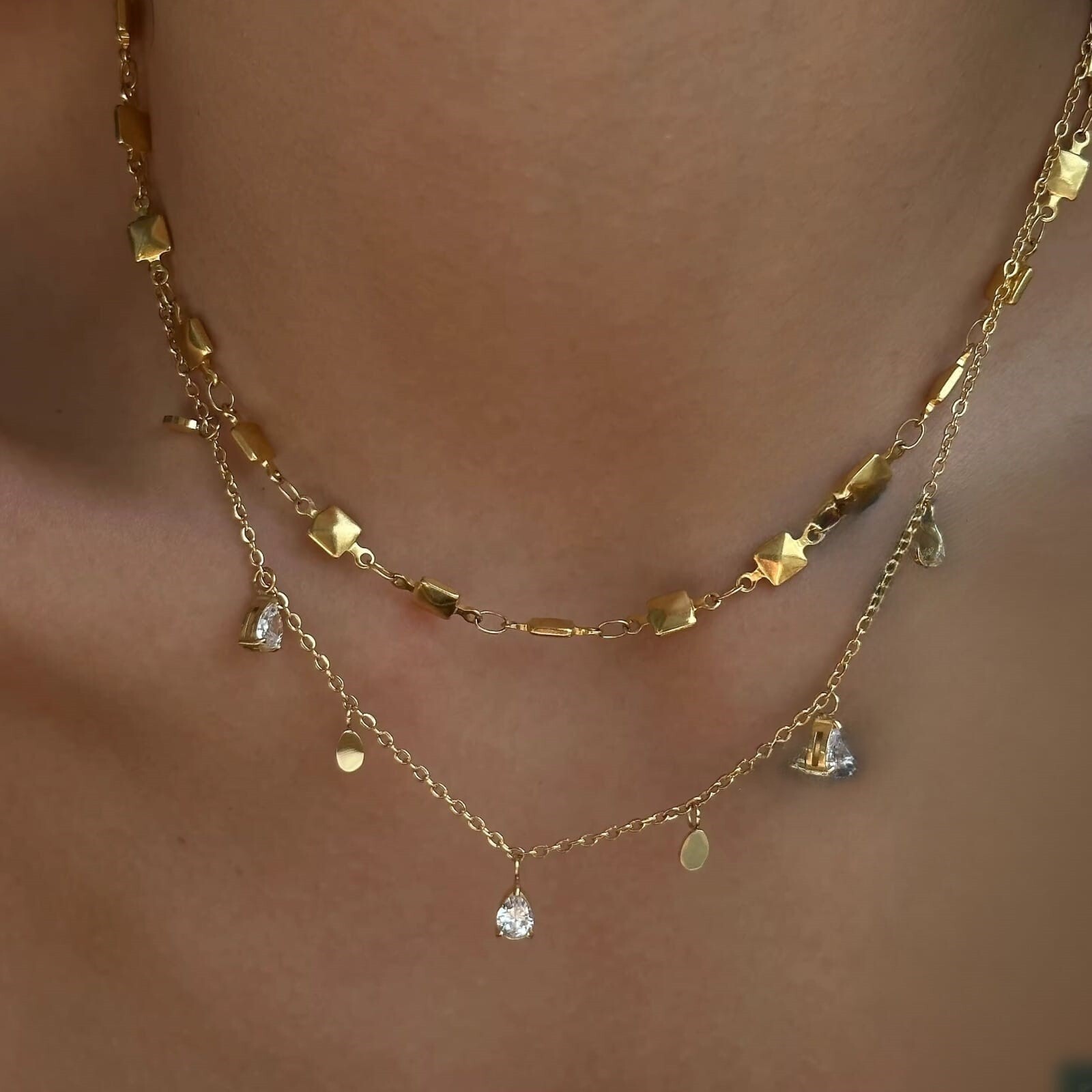 18K Gold filled stainless steel CZ Diamond station necklace dangle chain women