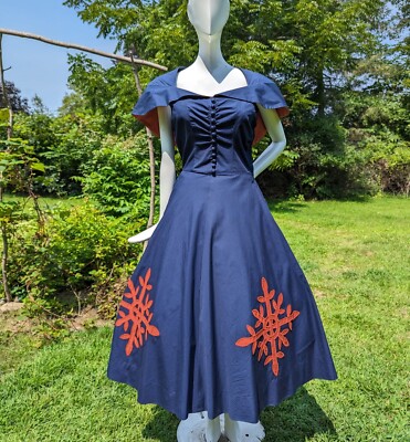 RARE VINTAGE 1940'S DESIGNER FRED BLOCK COTTON CHINTX DRESS