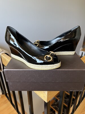 Women’s Gucci Horsebit Wedge Espadrille Shoes Sandals Patent Leather Sz 36  NIB