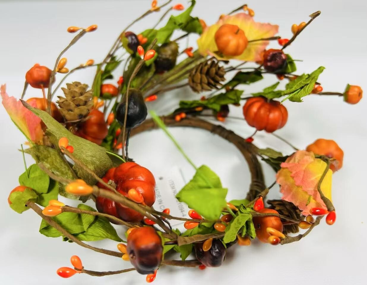 Mini Fall Candle Ring Wreath with Pumpkins Leaves Berries for 6.5 Inch Decor