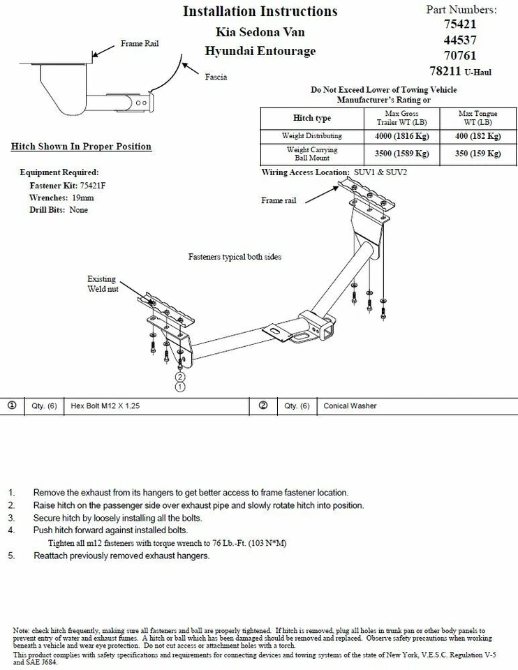 Прицепное устройство для буксировки прицепа для 06–14 Kia Sedona 07–09 Hyundai Entourage приемник 2 дюйма НОВОЕ - Изображение 4 из 4