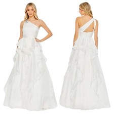 Mac Duggal $498 Size 10 Jeweled Broach One Shoulder Cascade Ruffle White Dress