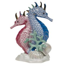HEREND GUILD, SEAHORSE PAIR, BI-COLOR BLUE  RASPBERRY, NEW