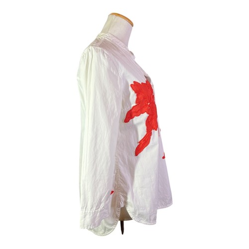 Tory Burch Size 4 Appliqué Tunic Popover Shirt White Red Floral Cotton - Picture 12 of 14