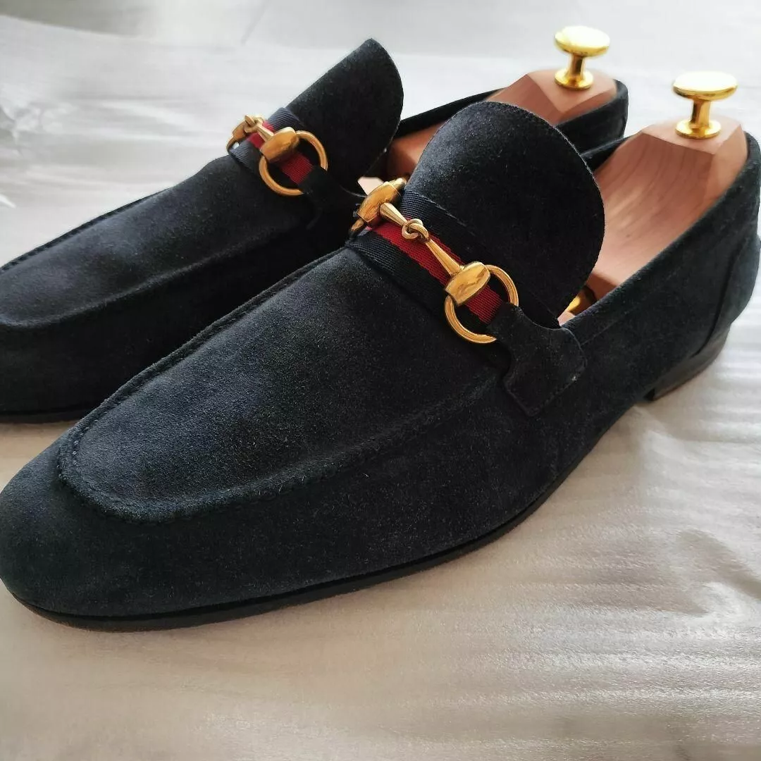 Mocassins authentiques Gucci Sherry Line horsebit taille 42 logo US8,5 cuir bleu marine hommes