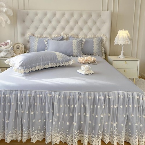 4 Pieces Bedding Set Luxury Lace Embroidered Duvet Cover Bed Skirt 2 Pillowcases - Picture 20 of 26