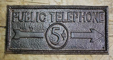 Cast Iron PUBLIC TELEPHONE 5 CENTS Sign Wall Plaque Home Barn Decor Man Cave