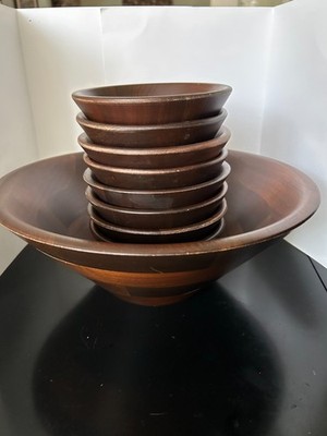  Vtg  70s Pressed Wood Salad Bowl 9 Piece Set, 1 Large Serving, 8 Small 