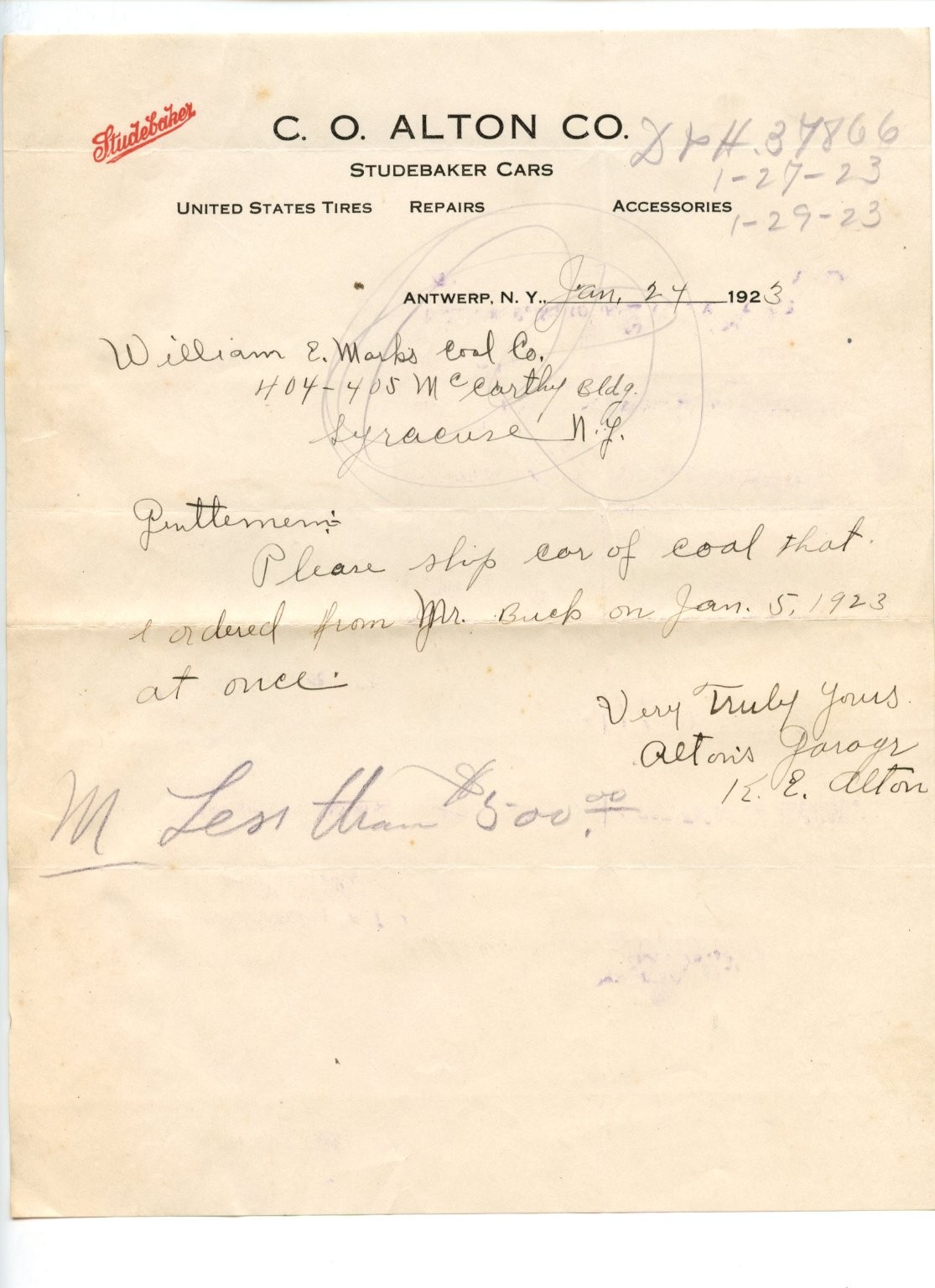1923 Studebaker Cars Letterhead Antwerp NY Coal Order Ephemera