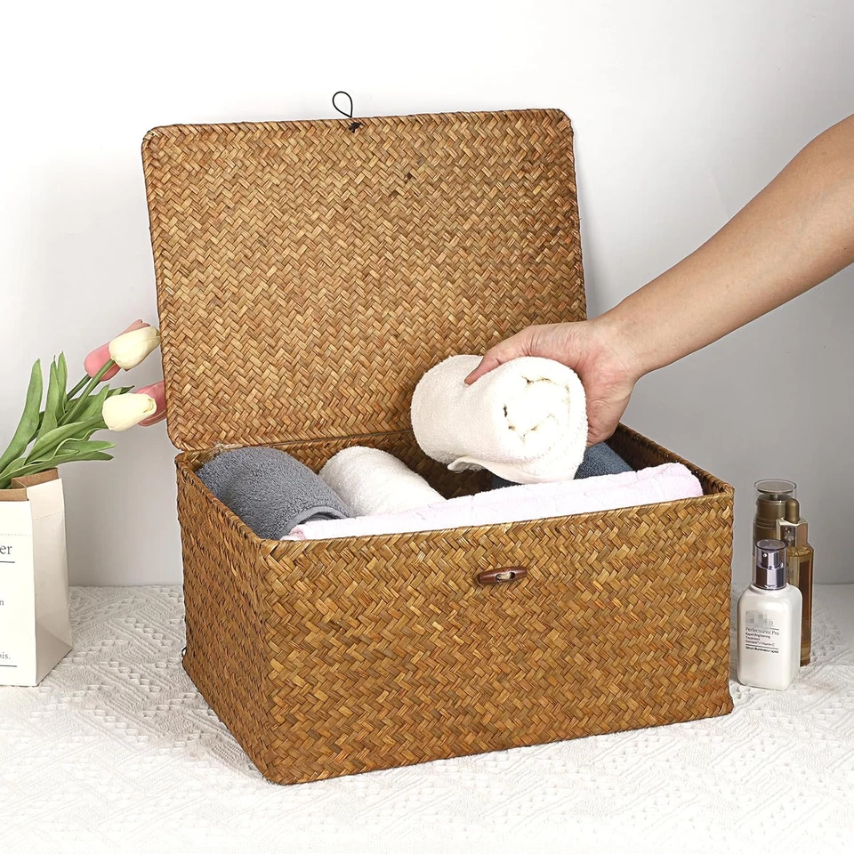 Cesto Portaoggetti in Vimini Intrecciato Con Coperchio, Rettangolare, per Bagno, - Immagine 4 di 4