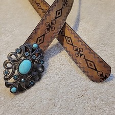 Brown Western Women  s Turquoise Burst Concho Belt Embossed Leather Size Medium