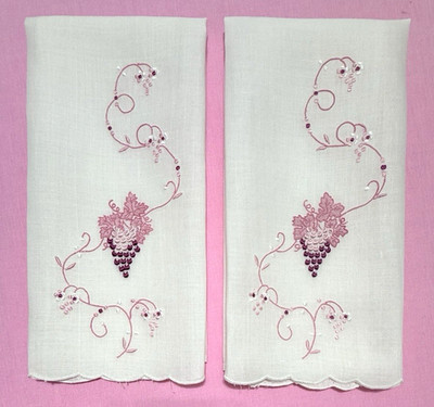 Vintage Madeira Guest Towels Set 2 Hand Embroidered Purple Grapes  Linen NOS