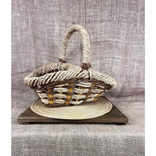 Large Rattan/Wicker Basket Hand Woven Basket with Handle 1960  s Leather Accents