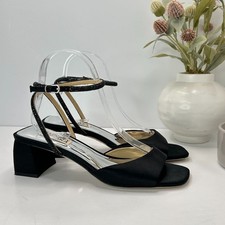 Badgley Mischka Infinity Crystal Satin Block-Heel Sandals Black Ankle Strap US 7