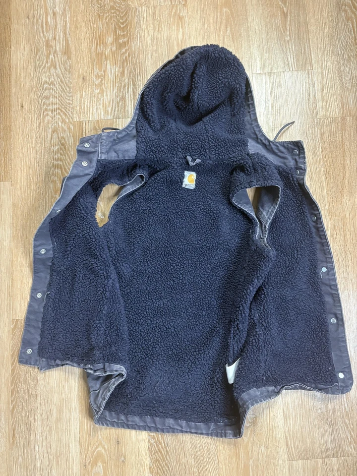 Chaleco Carhartt Mujer Pequeño Gris Con Capucha Sherpa Forrado Lona Prendas de Trabajo Frente a Presión Foto 2 de 4