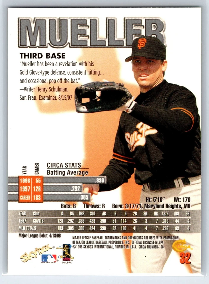 1998 Circa Thunder Bill Mueller San Francisco Giants #32 - Image 2 of 2
