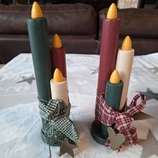 Set of 2 Wooden Candle Bundles Of 3 Primitive Folk Art Decor Christmas