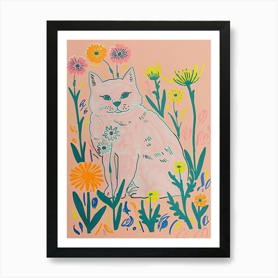 Cute Kitty Cat With Flowers Illustr Framed Wall Art Poster Canvas Print Picture