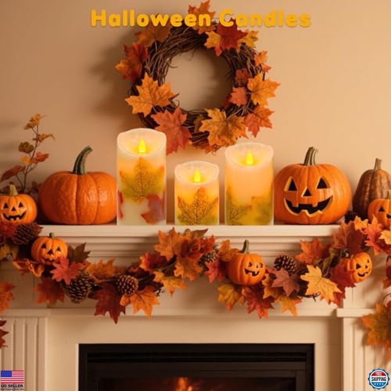 Set of 3 Maple Leaf LED Candles with Remote & Timer, Dimmable Battery Operated