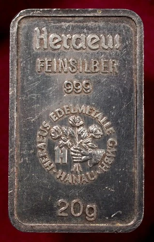Heraeus Silver Bullion 20g Bar - 0.99 Silver - 0.63oz ASW (N0302) - CA-Ac