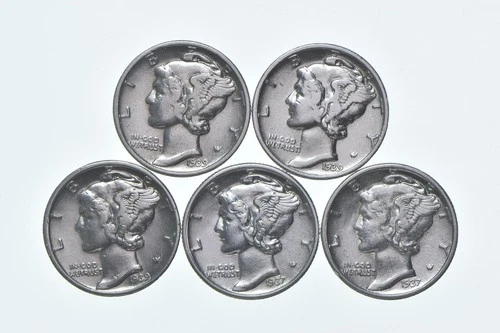 High Grade Lot 1939 1939 1939 1937 1937 Mercury Dime Collection *577