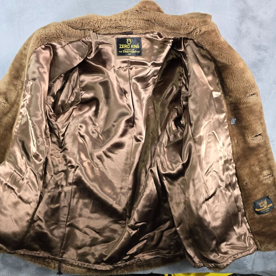 Vintage 1970s Zero King Men's Brown Trevira Faux Fur Double-Breasted Coat (M/L) - Image 4 of 4