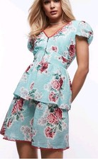 Betsey Johnson Teal Blue Floral Babydoll Tiered Seersucker Tea Dress Sz L