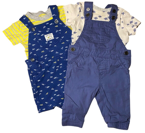 3-6 mo baby boy old navy overalls set blue paper airplanes white fish shortalls
