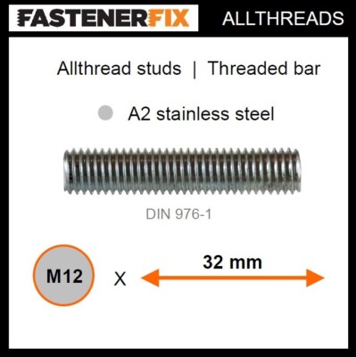 M12 x 32 mm Allgewinde A2 rostfreie Bolzen, Gewindestange nach DIN 976-1 (50er Pack)