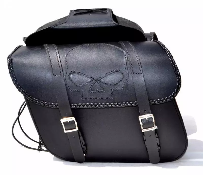 Sacoche trousse latérale en Cuir pour cadre ou bras oscillant de moto -  Modèle Tête de Mort / SKULL