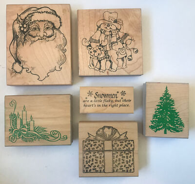 Rubber Stamps Lot of 6 Santa Head Candle Corner Flaky Snowmen Quote Tree Gift