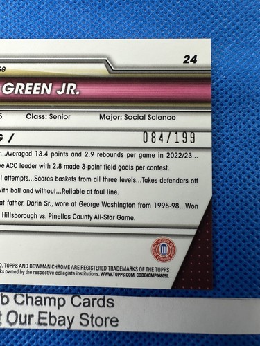2024 #24 Darin Green Jr Bowman Cromo Basket Blu Onda Rifrattore 084/199 - Foto 3 di 4