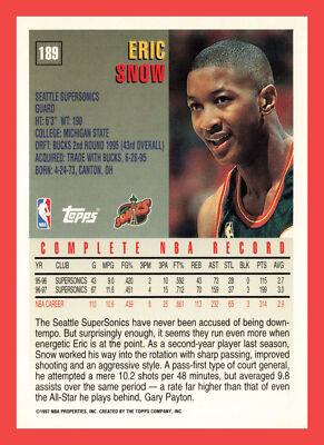 90sスケート マティックスMatixサーフスデッドストックレア！エスエトニーズ Eric Snow #189 1997-98 Topps Seattle SuperSonics | eBay