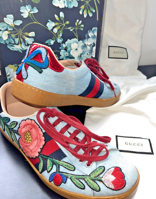 Gucci, Low Top Embroidered Sneakers, Floral Denim Ace, Size 10.5