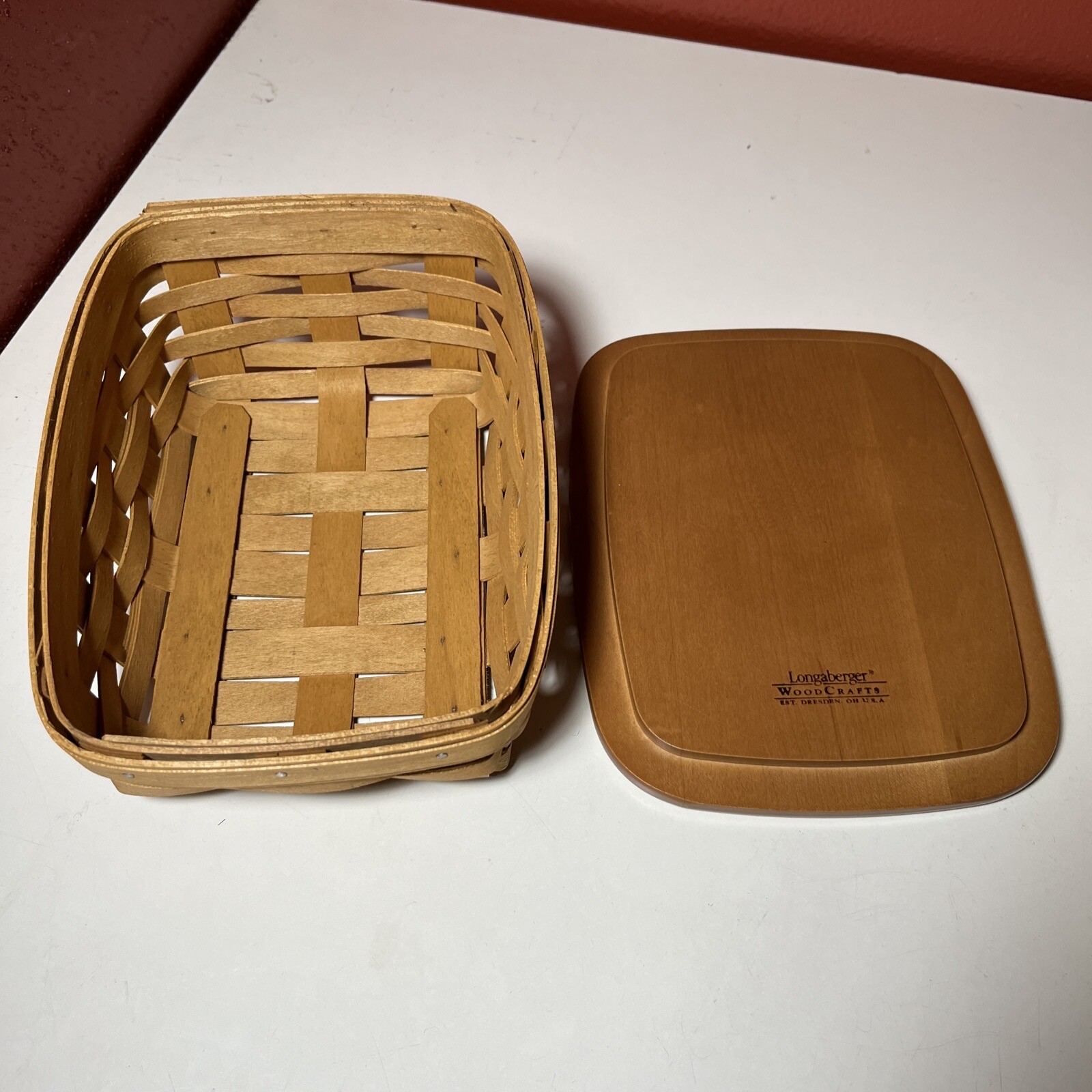 LONGABERGER Recipe Basket With Floral Cloth Liner, Wood Lid, Signed