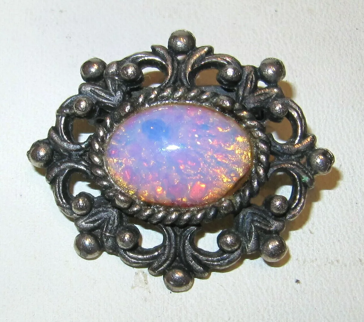 Vintage Jewellery Foil Glass Fire Opal Glass Silver Plated Tone Brooch