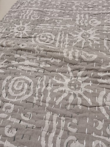 Indian Grey Bedspread Throw Kantha Quilt Hand Block Print King Size Bed Cover - Picture 6 of 13