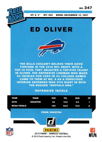 2019 Donruss #347 Ed Oliver - Picture 2 of 2