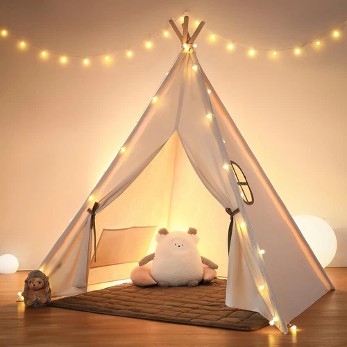 Besrey Kids Teepee Tent for Girl/Boy with Lights/Mat,Toddler Play Tent,White