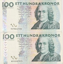 Lot 2 Banknotes Sweden 100 Kronor 2001-2014 XF