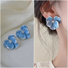 Silver Tone Enamel Flower Stud Earrings Women Red Blue Petal Rhinestone Jewelry