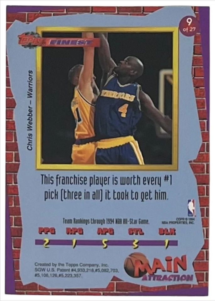 1993 Finest Main Attraction #9 Chris Webber Golden State Warriors - Image 2 of 2
